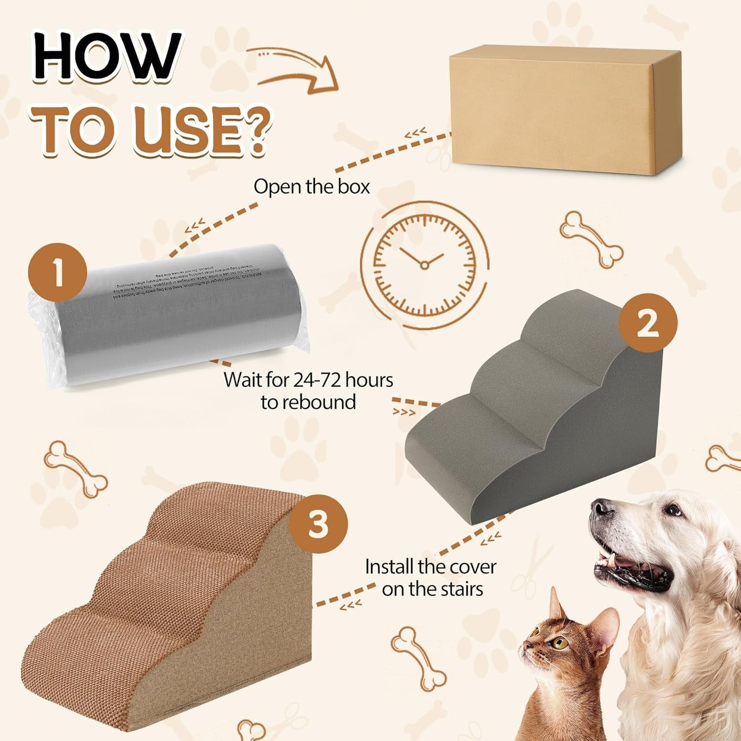 3 Step Dog Stairs Non Slip Pet Ramp for Bed Sofa Washable Brown