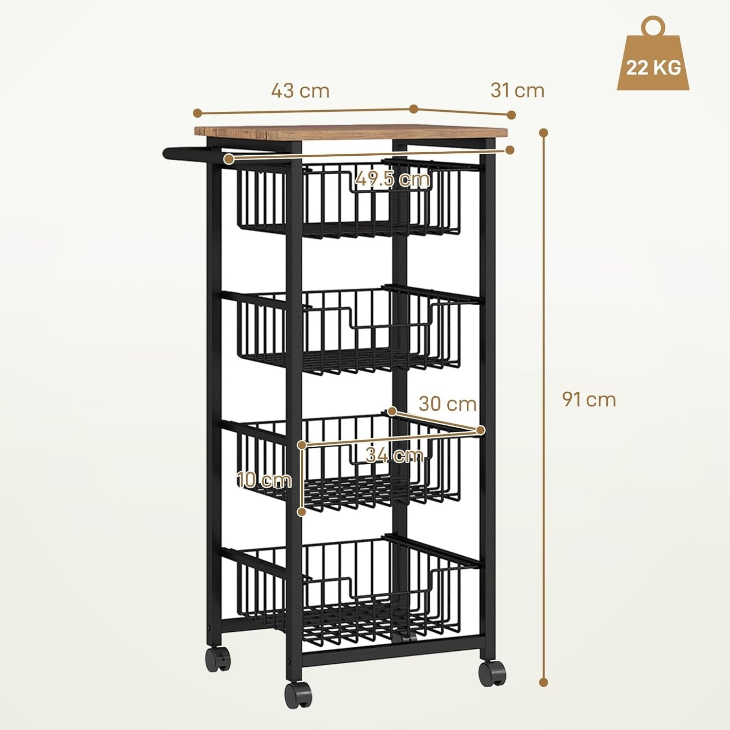 4 Tier Rolling Kitchen Storage Trolley Cart Mesh Baskets Oak