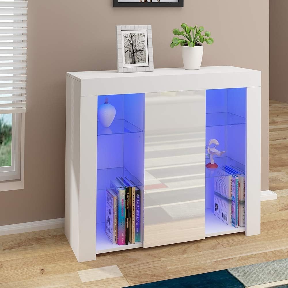 Modern LED Glass Shelf Sideboard Cabinet Storage Unit with RGB Light