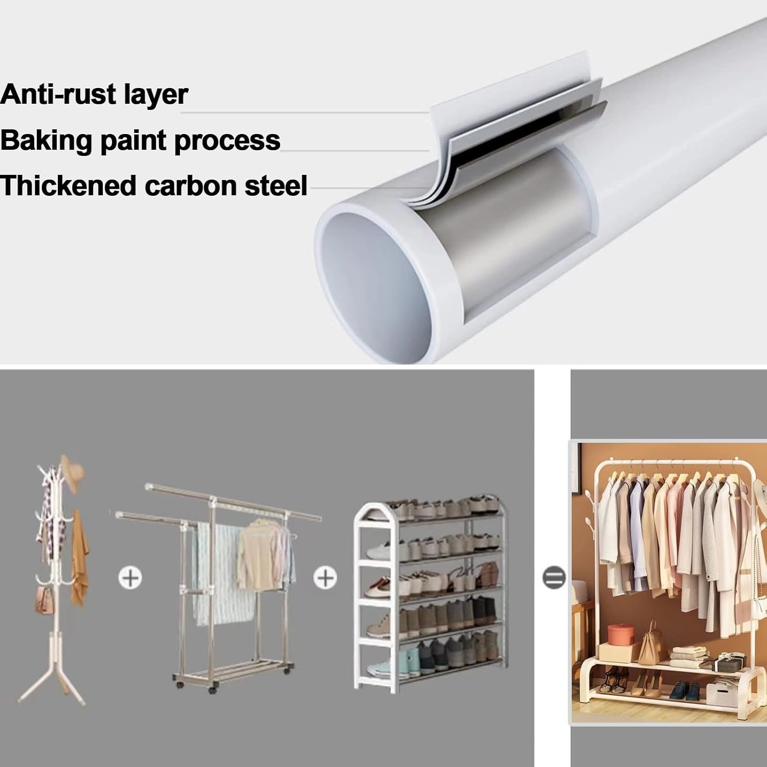 Heavy Duty Clothes Rail with 8 Hooks & Double Shoe Rack – White
