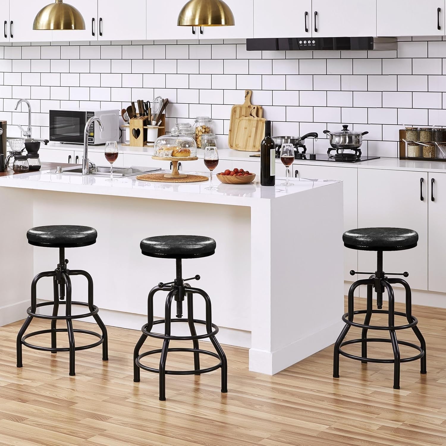 2PCS Black Adjustable Bar Stool 44cm Dia Industrial Kitchen Chair