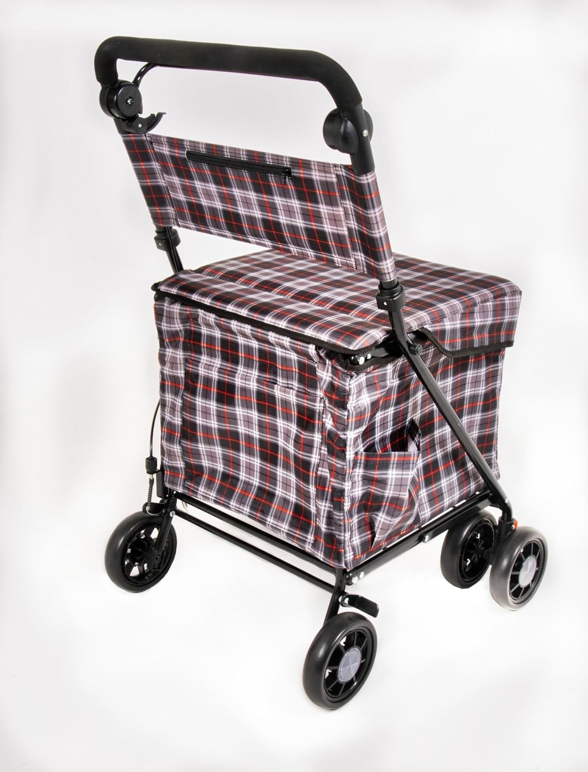 Red Check 6-Wheel Walk & Rest Shopping Trolley – Padded Seat & Back