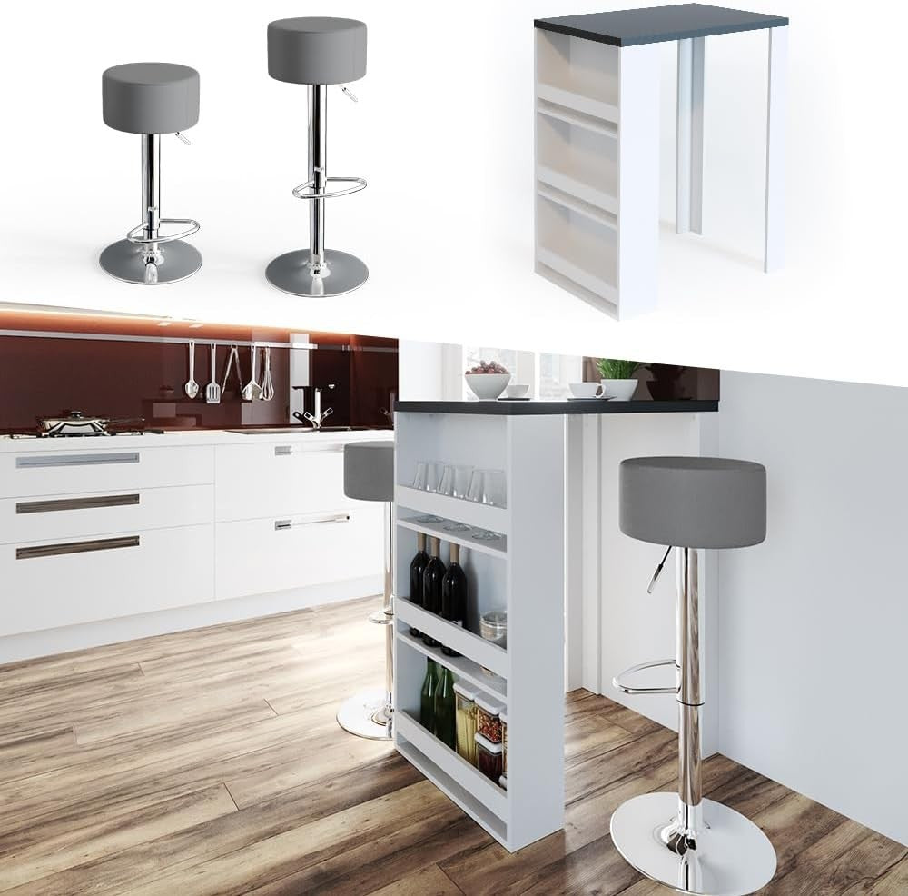 Bar Table Set with 2 Swivel Stools & Storage Shelves Anthracite White Modern