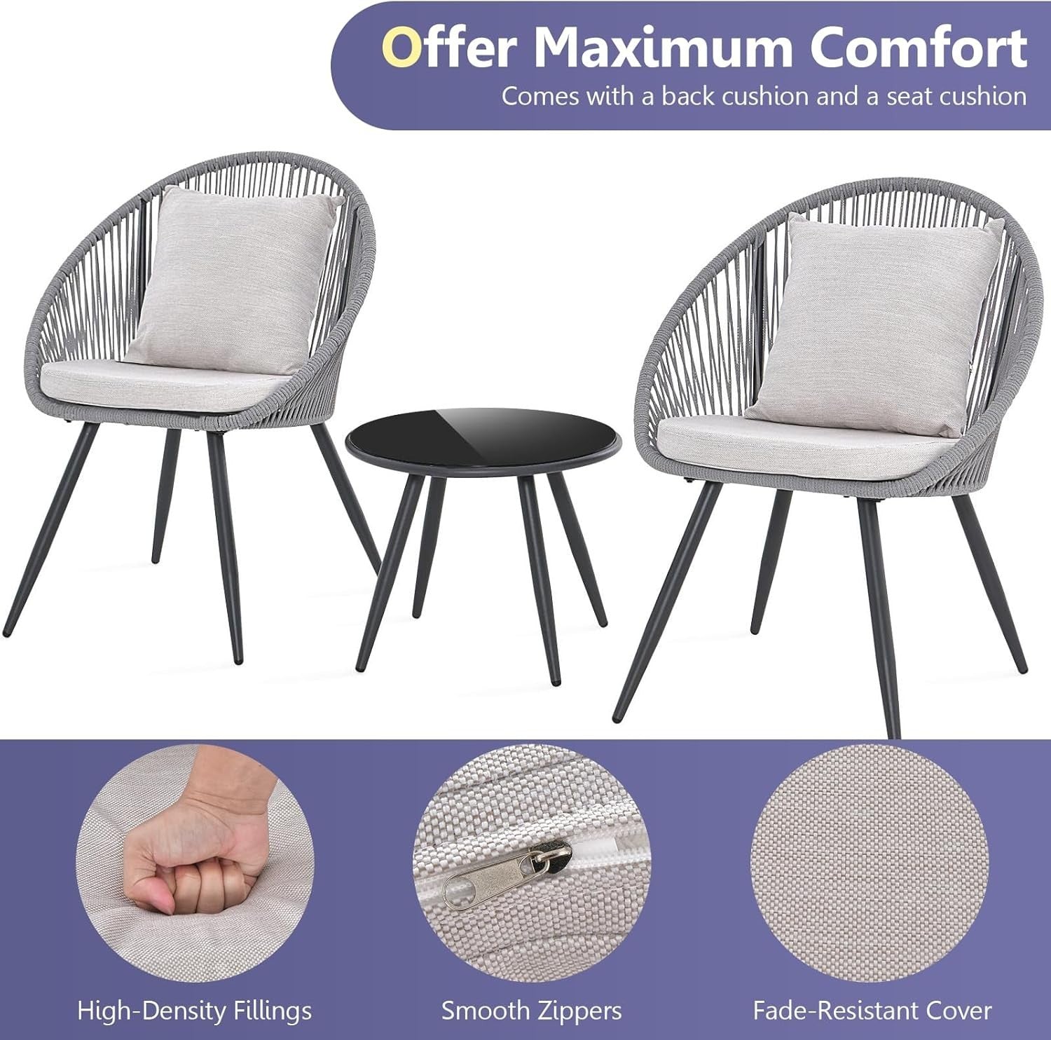 Modern Rattan Bistro Chair Set Tempered Glass Table Cushioned Garden Patio