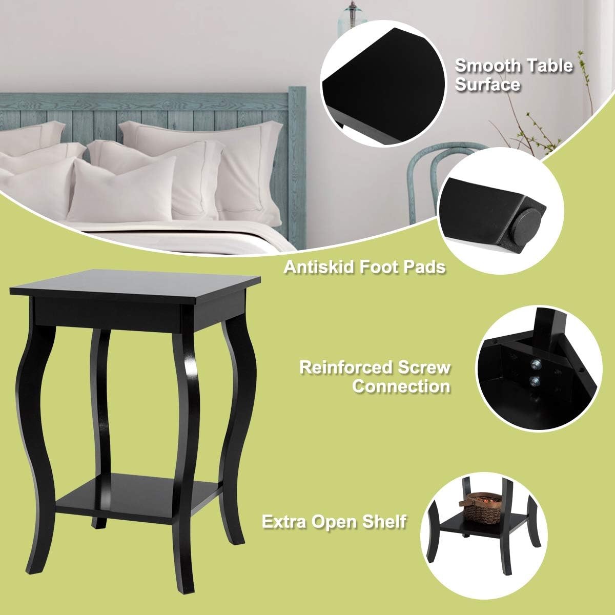 Black 2-Tier Bedside Table with Open Storage Shelf – Modern Wooden Side Table 40