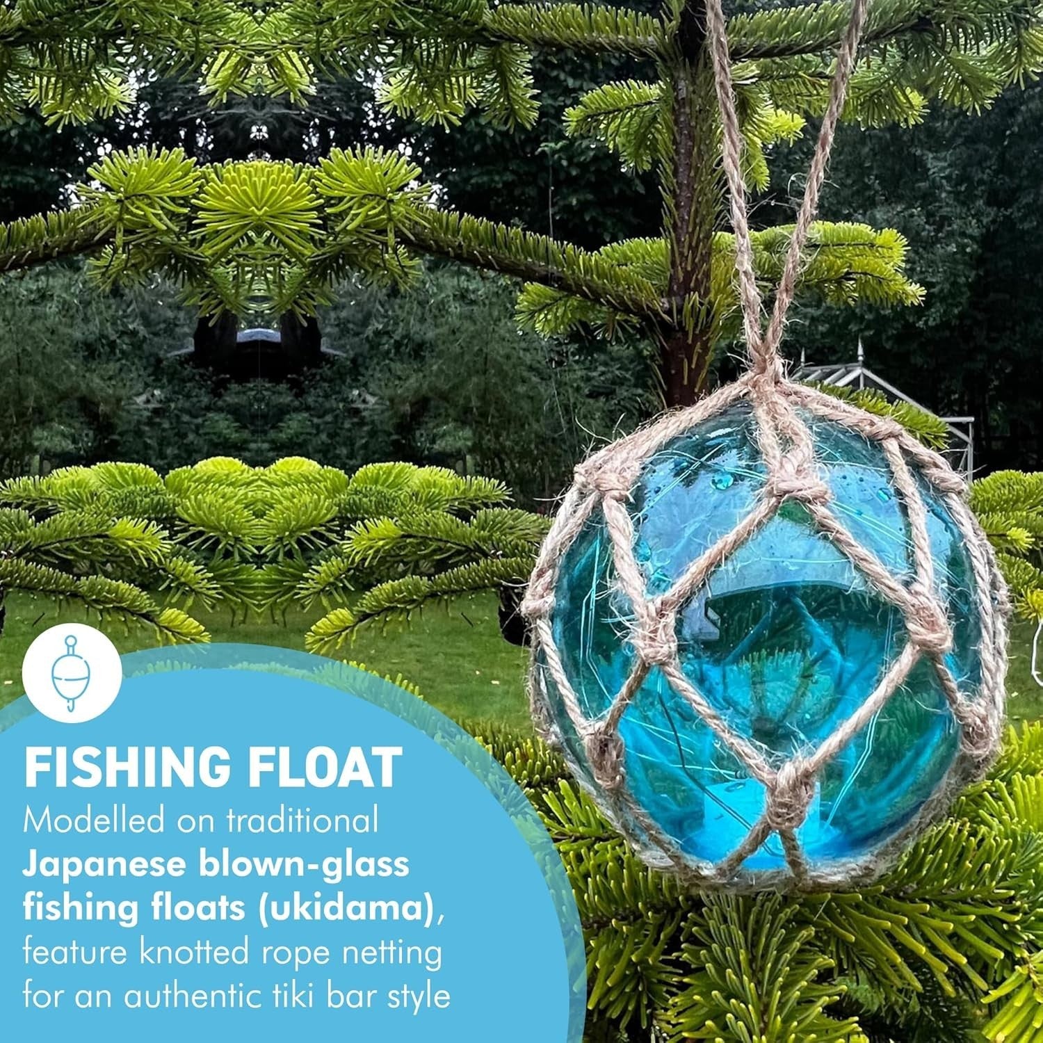 Turquoise Glass Fishing Buoy Light LED Nautical Decor Hanging Rope Beach Lamp