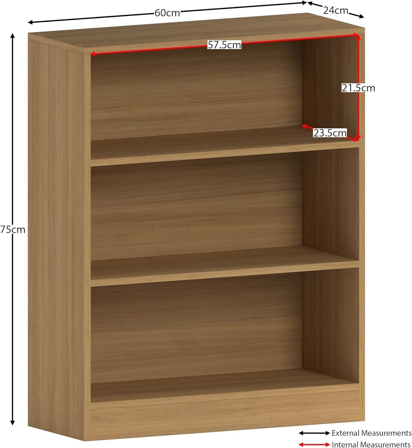 3 Tier Oak Wooden Bookcase Modern Storage Display Shelf for Living Room Low
