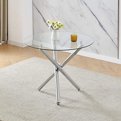 Round Glass Dining Table 90cm Tempered Metal Legs Modern Design