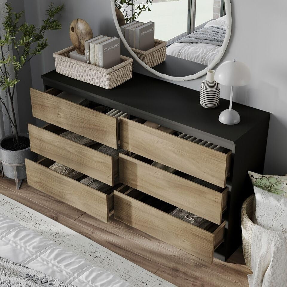 Modern 6 Drawer Chest Black Oak Bedroom Storage Cabinet Wood Unit