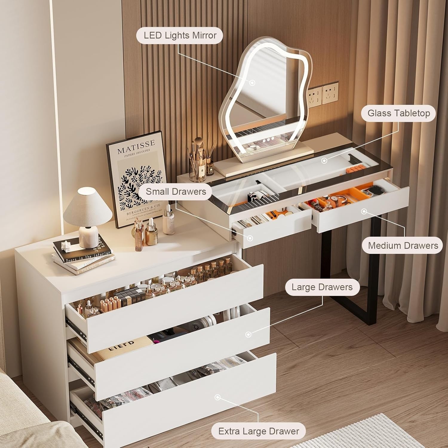 Modern Corner Vanity Dressing Table Desk Makeup Dresser LED Mirror 5 Drawers Whi
