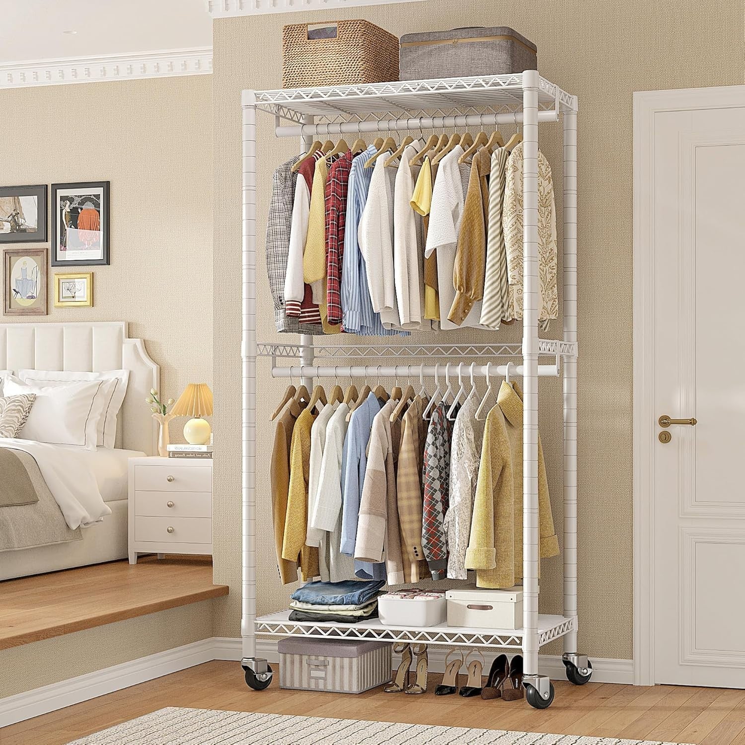 Heavy Duty Clothes Rail with Wheels & Shelves – White 200cm