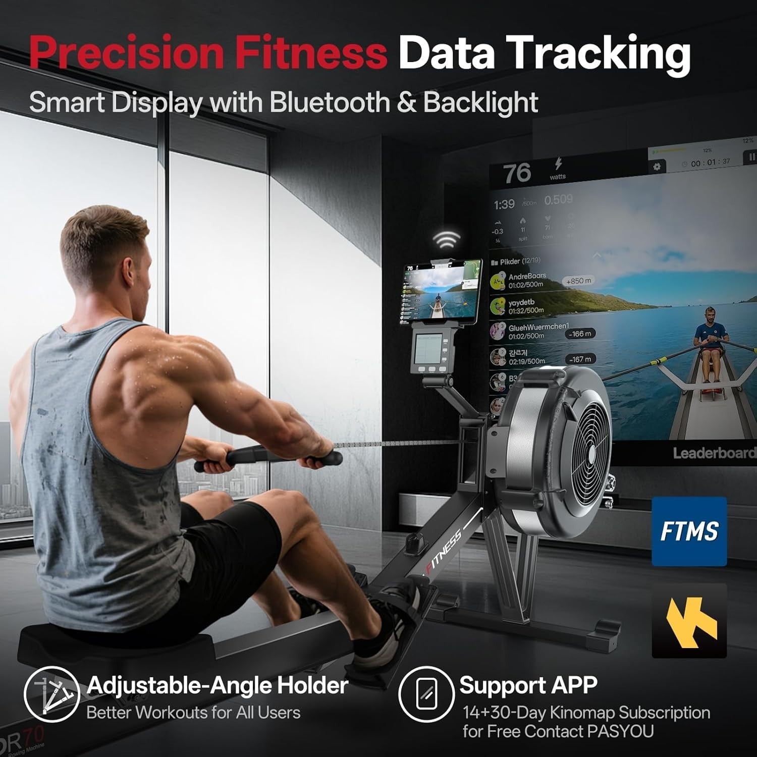 Air Rowing Machine 10-Level Resistance Bluetooth Smart Monitor Foldable 158KG