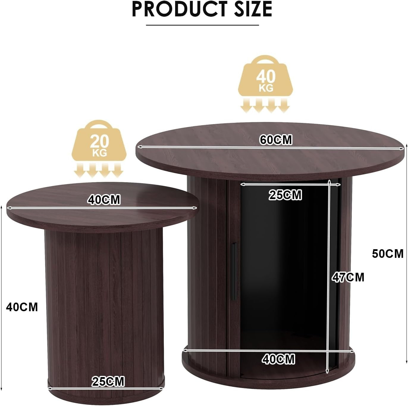 2-Piece 60cm Round Nesting Coffee Table Set with Hidden Storage, Dark Brown
