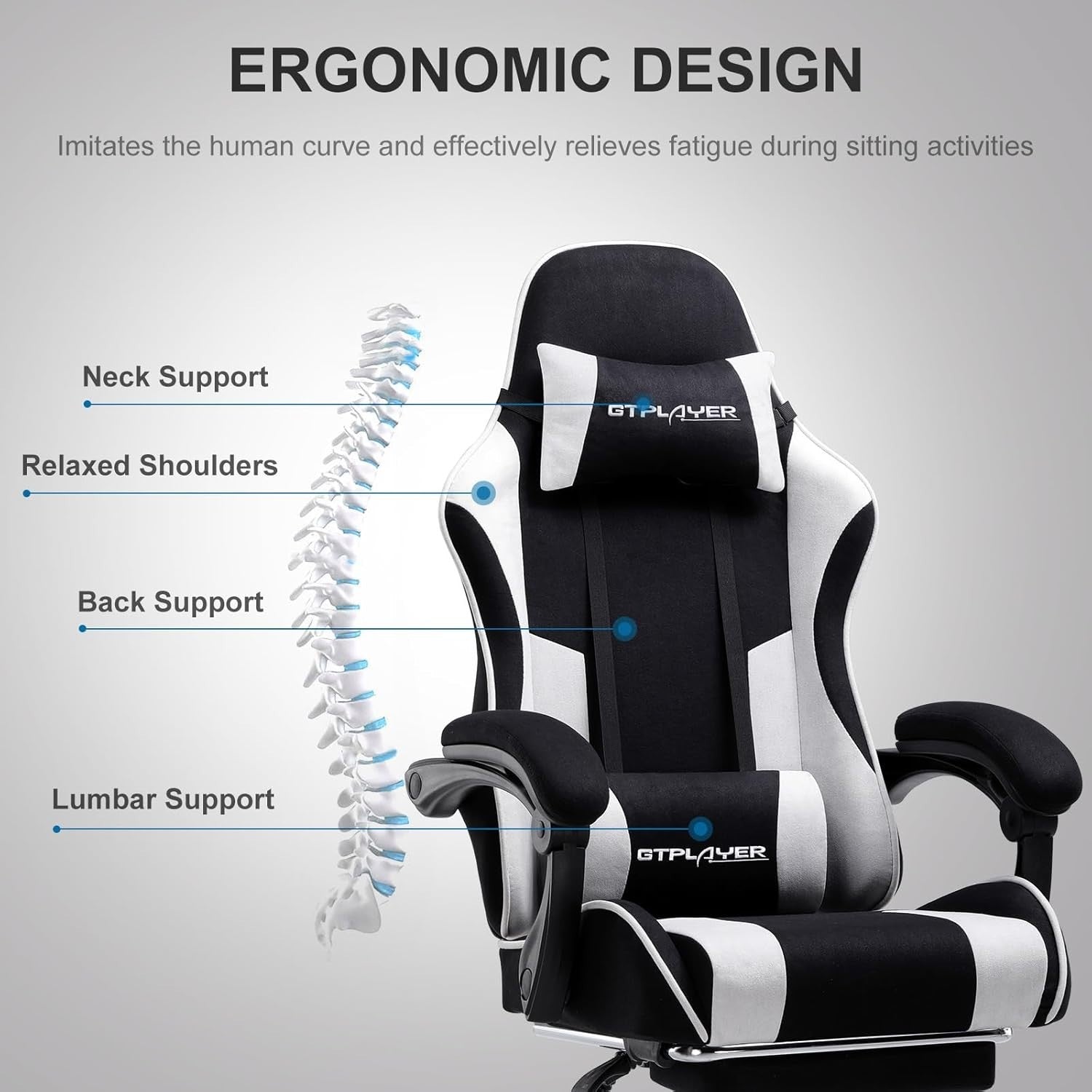 Ergonomic Gaming Chair Fabric Reclining Office Desk Swivel w/ Foot Rest & Massag