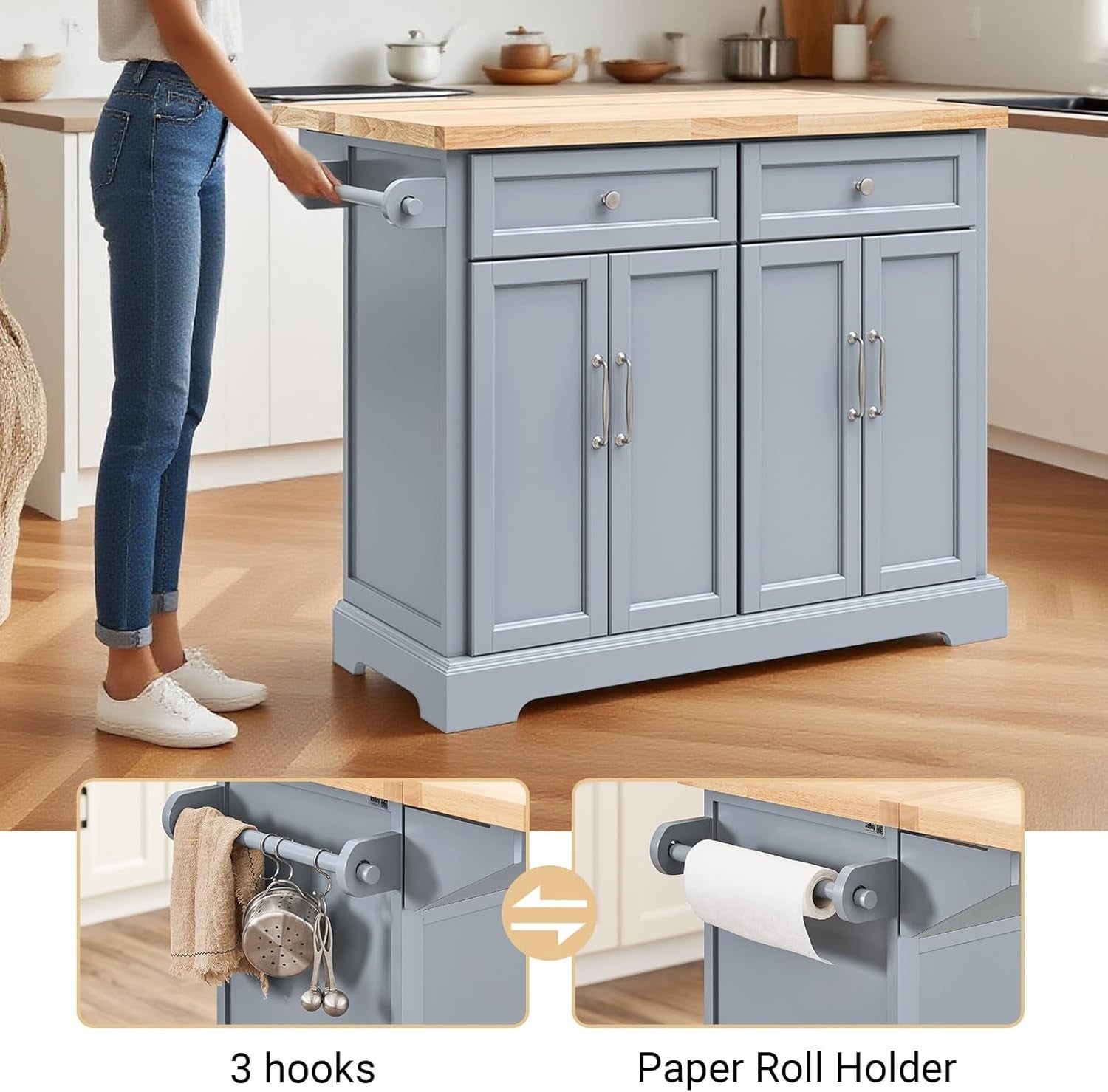 Grey Rolling Kitchen Island Extendable Worktop 115cm Cart