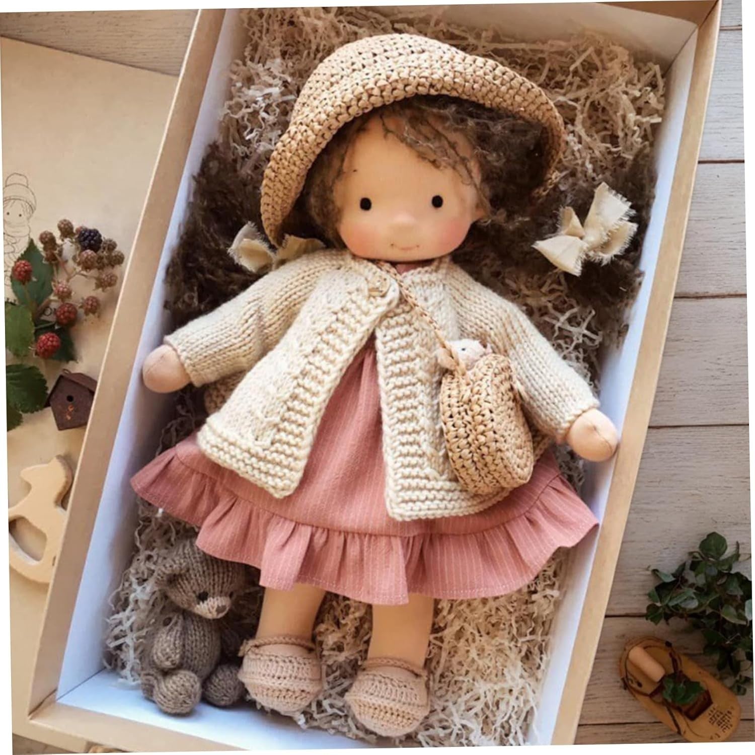 Cute Rag Doll Plush Toy with Hat Bag Shoes Boxed Gift for Babies Kids