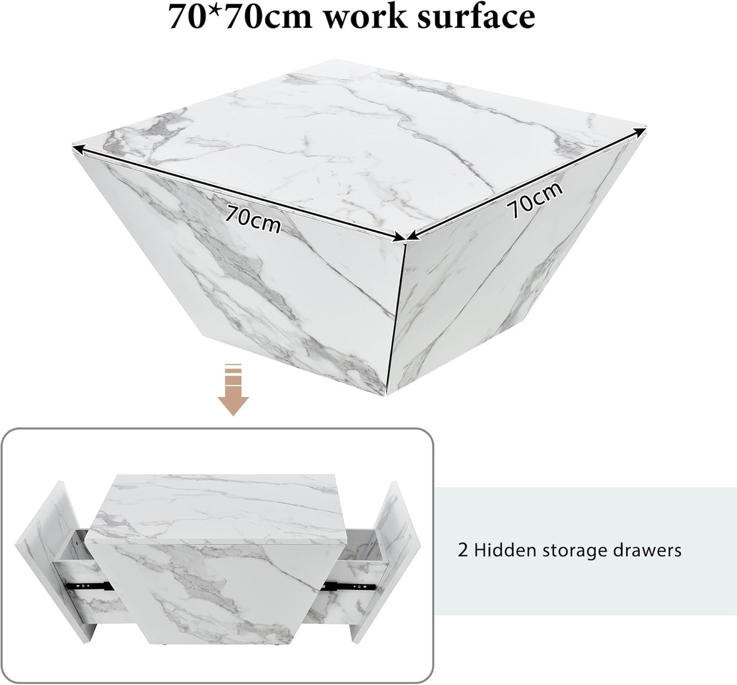 White Marble Veneer Coffee Table with Storage 70x70x36cm Square Side Table