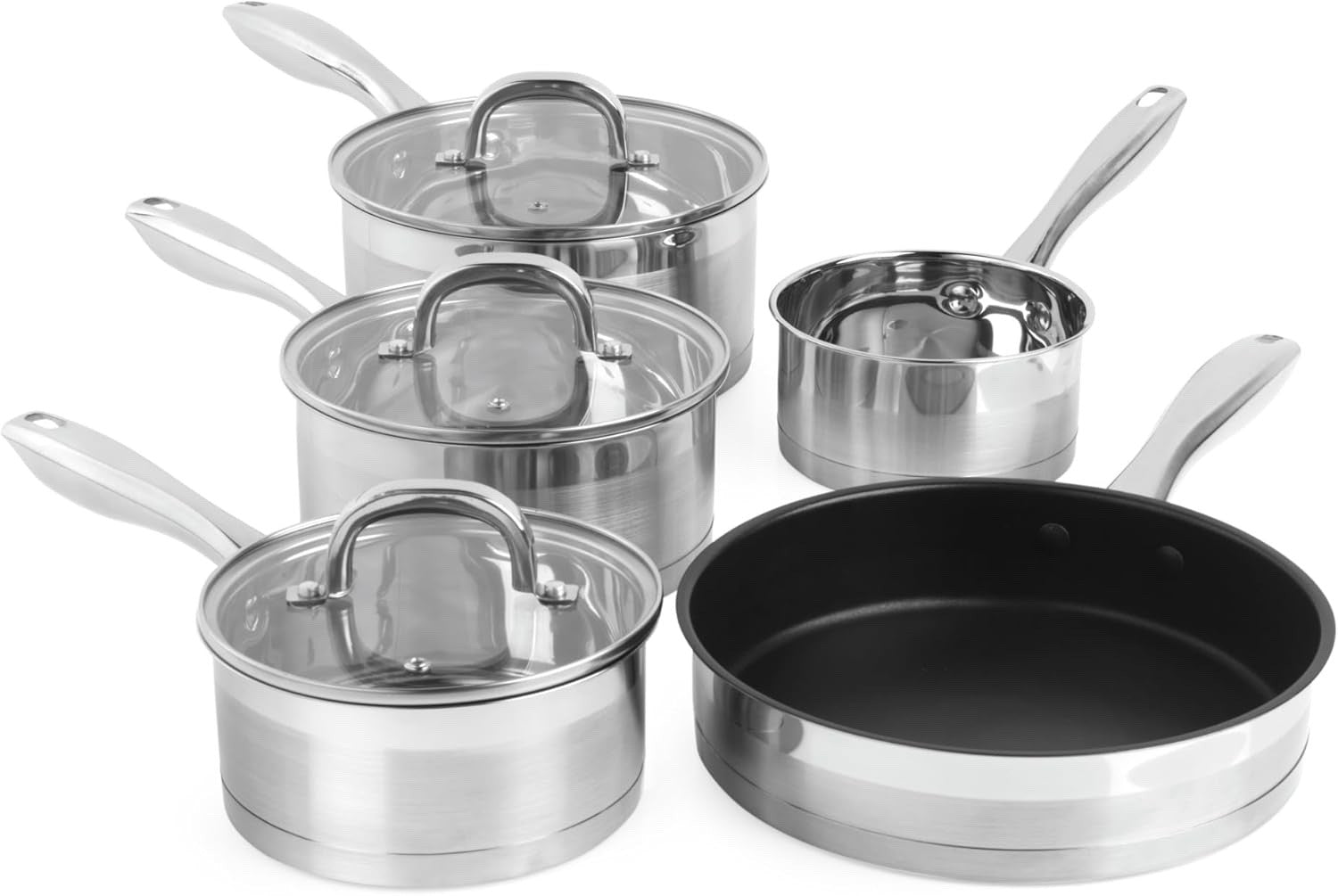5pcs Stainless Steel Induction Saucepans and Frying Pan Set with Glass Lids