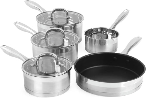 5pcs Stainless Steel Induction Saucepans and Frying Pan Set with Glass Lids