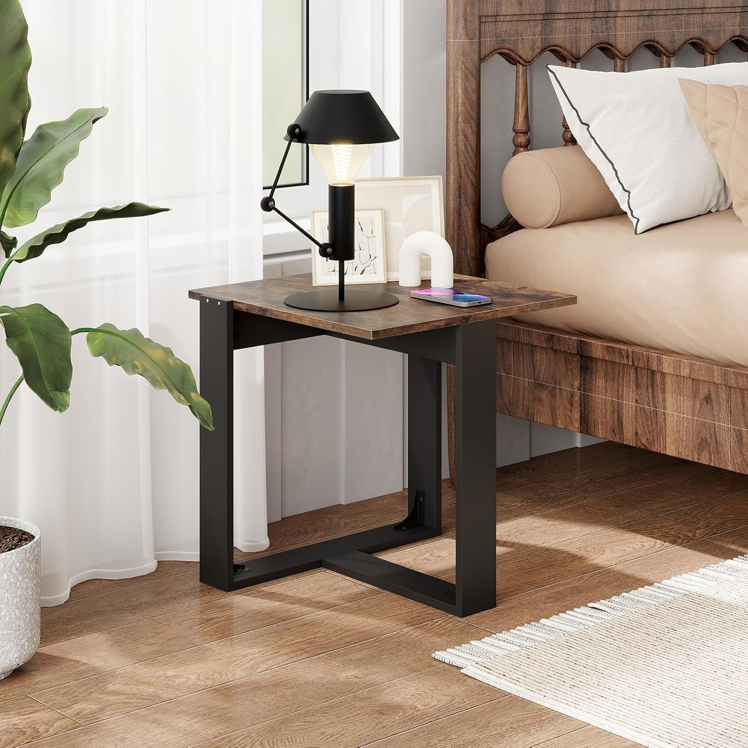 Set of 2 Industrial Side Tables | 50cm Rustic Brown Square Sofa End Tables Metal