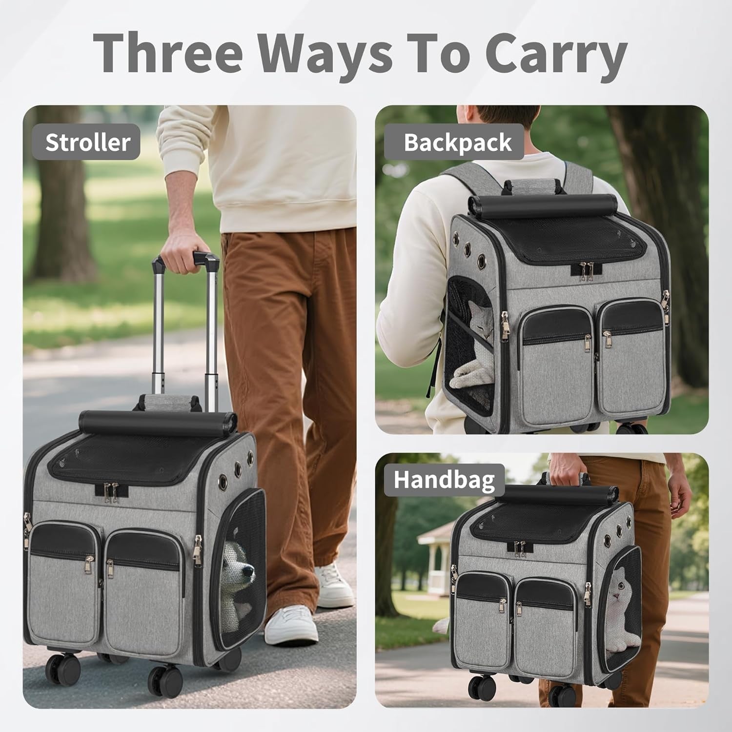 Cat Carrier with Wheels 3-in-1 Backpack Trolley Travel Bag Grey