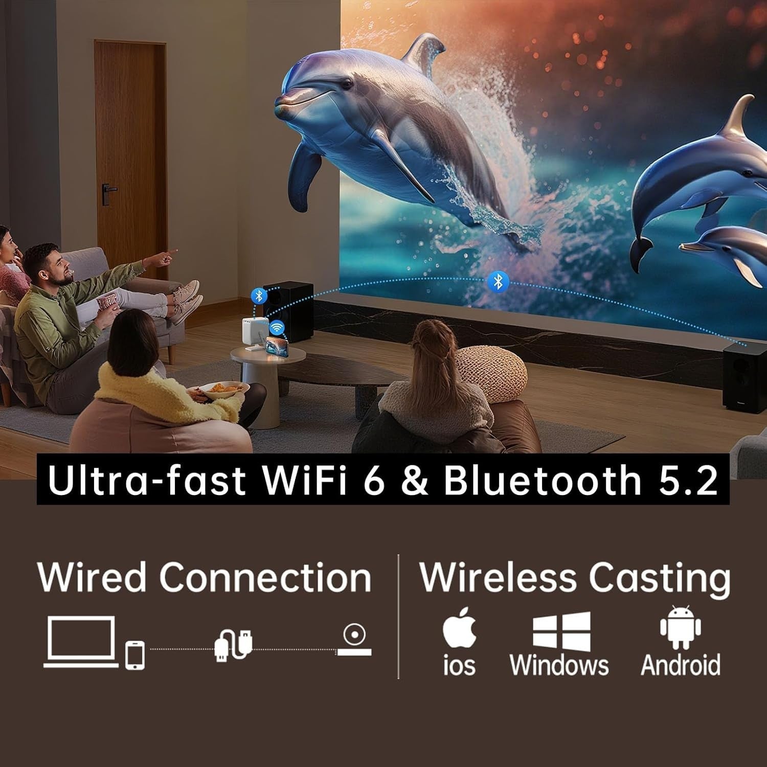 Smart Mini Projector 4K Support WiFi 6 Auto Focus 270° Android 13