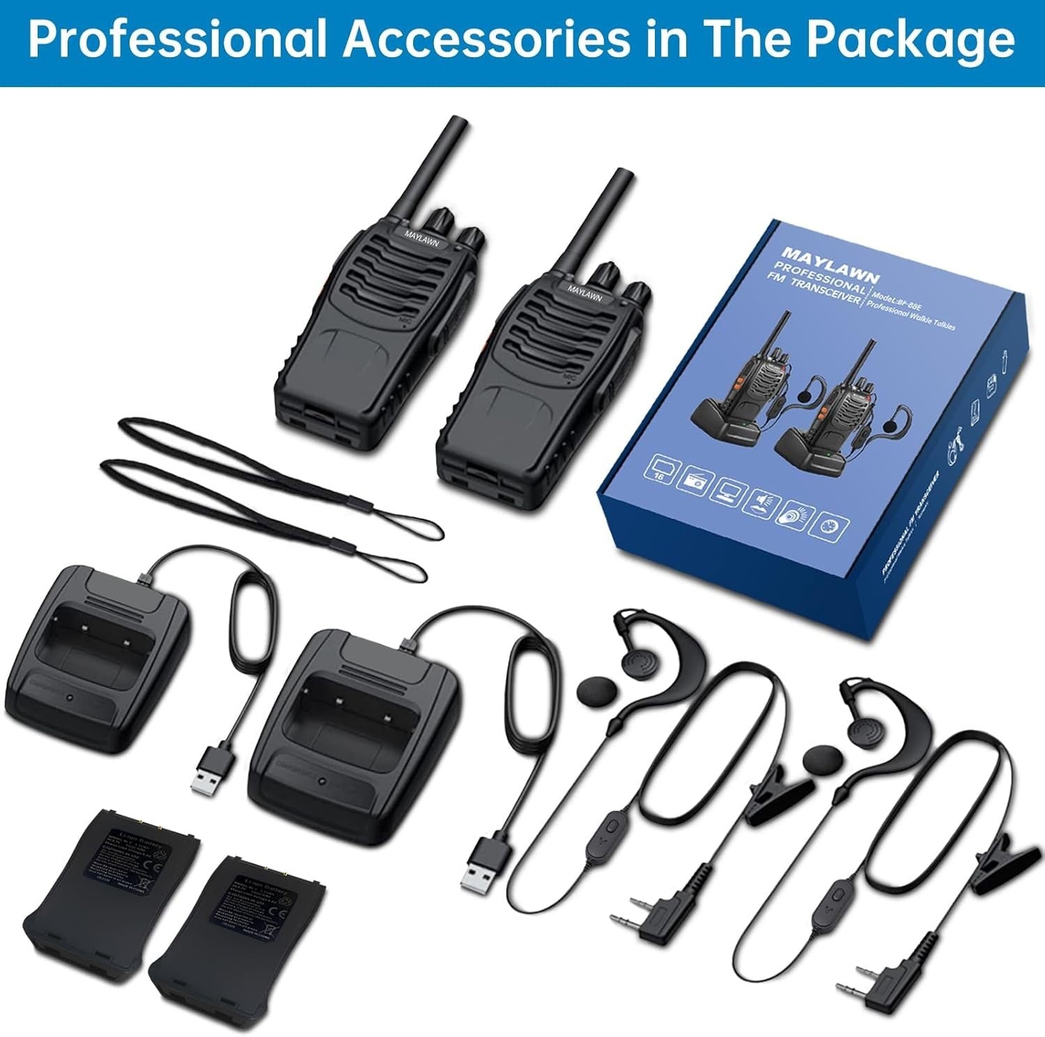 Long Range Walkie Talkies 2PCS Rechargeable 2 Way Radios VOX Earpiece