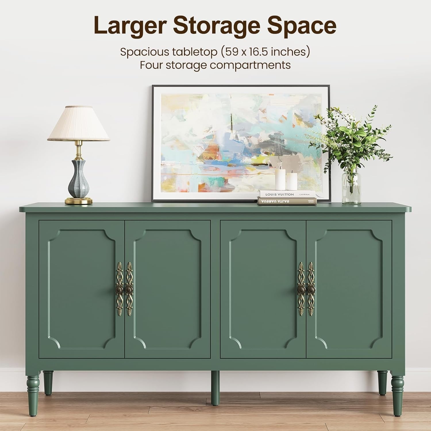 58" Mid Century Sideboard Cabinet with Adjustable Shelves, Green Finish