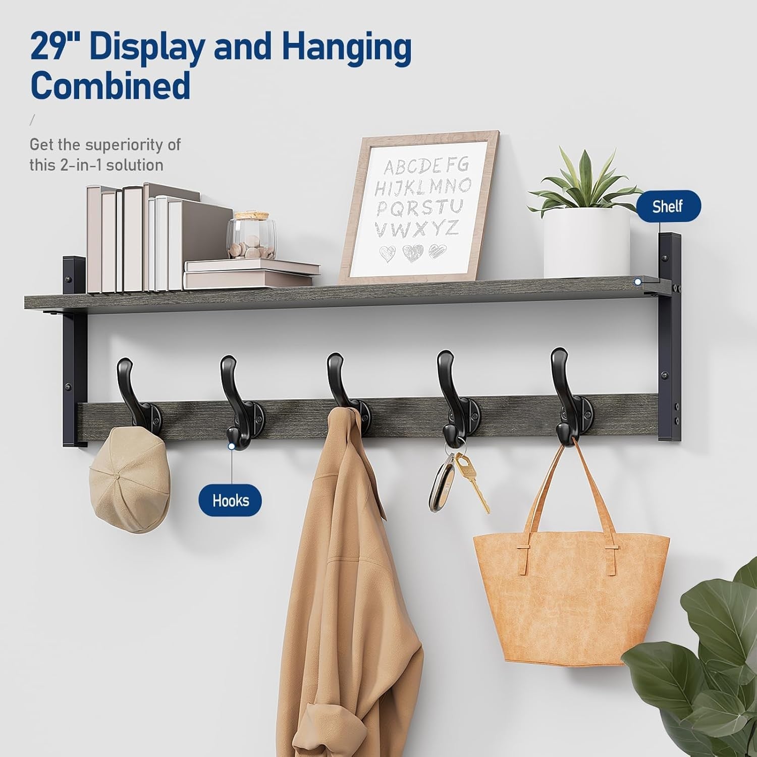 29” Rustic Dark Grey Wall Mounted Coat Rack with Shelf | 5 Hooks Entryway