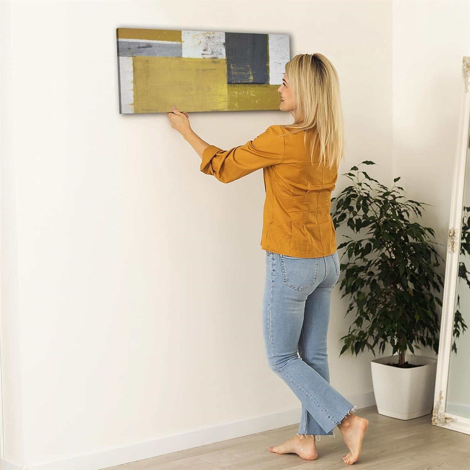 Mustard Yellow Grey Abstract Canvas Wall Art 82x34cm