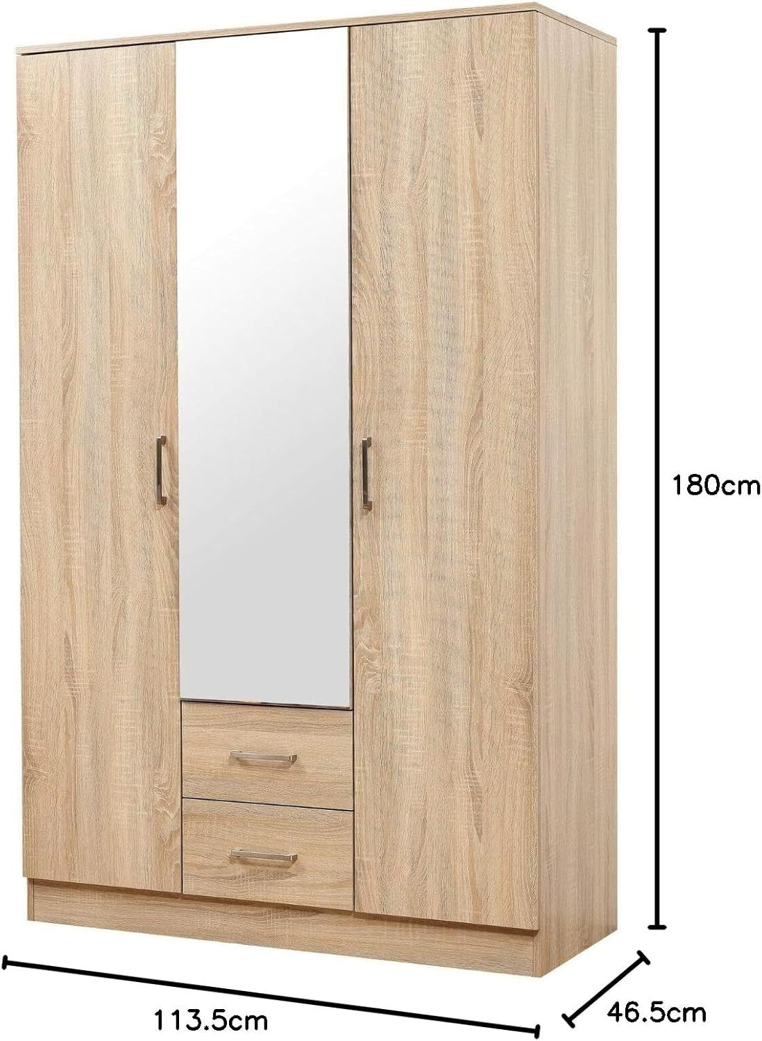 3 Door Wardrobe Mirror Soft Close Drawers Oak Finish Bedroom Storage