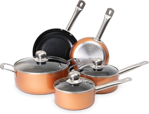 8pcs Copper Non Stick Cookware Set with Lids – Induction & Gas Safe Pots