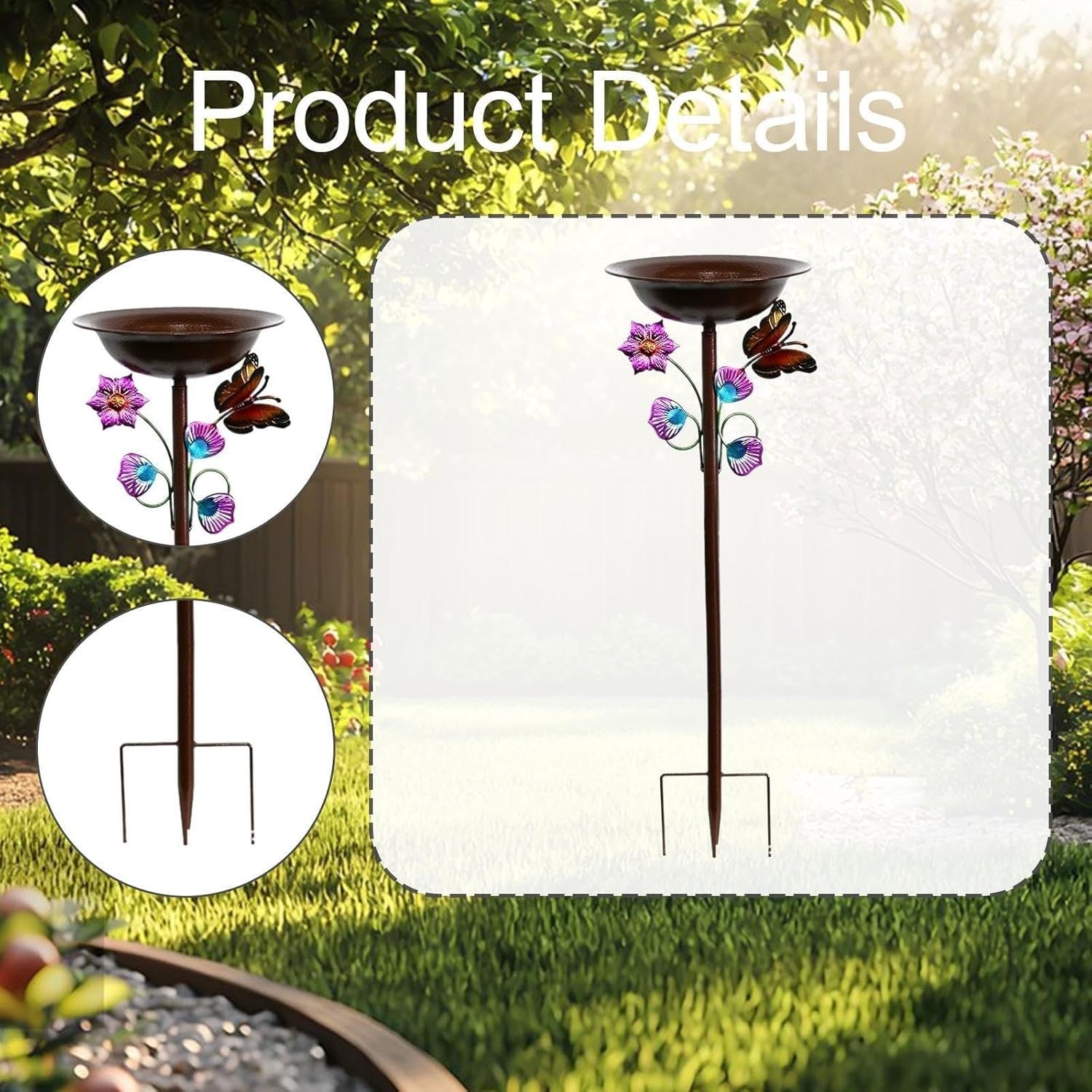 Outdoor Bird Bath Feeder Metal Butterfly Garden Stand Decor for Patio & Lawn