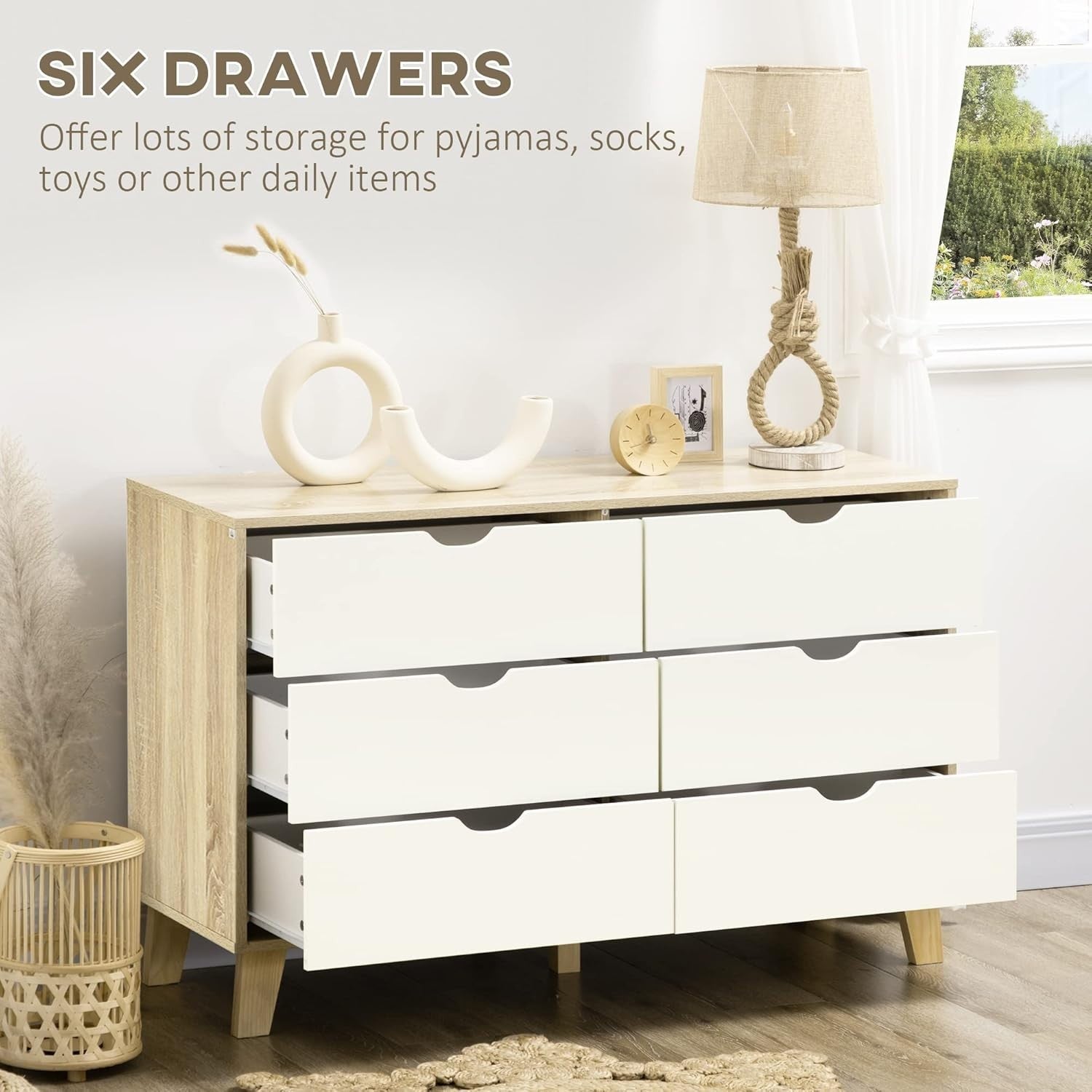 Wide 6 Drawer White Wood Dresser Chest, Modern Storage Unit for Living Room