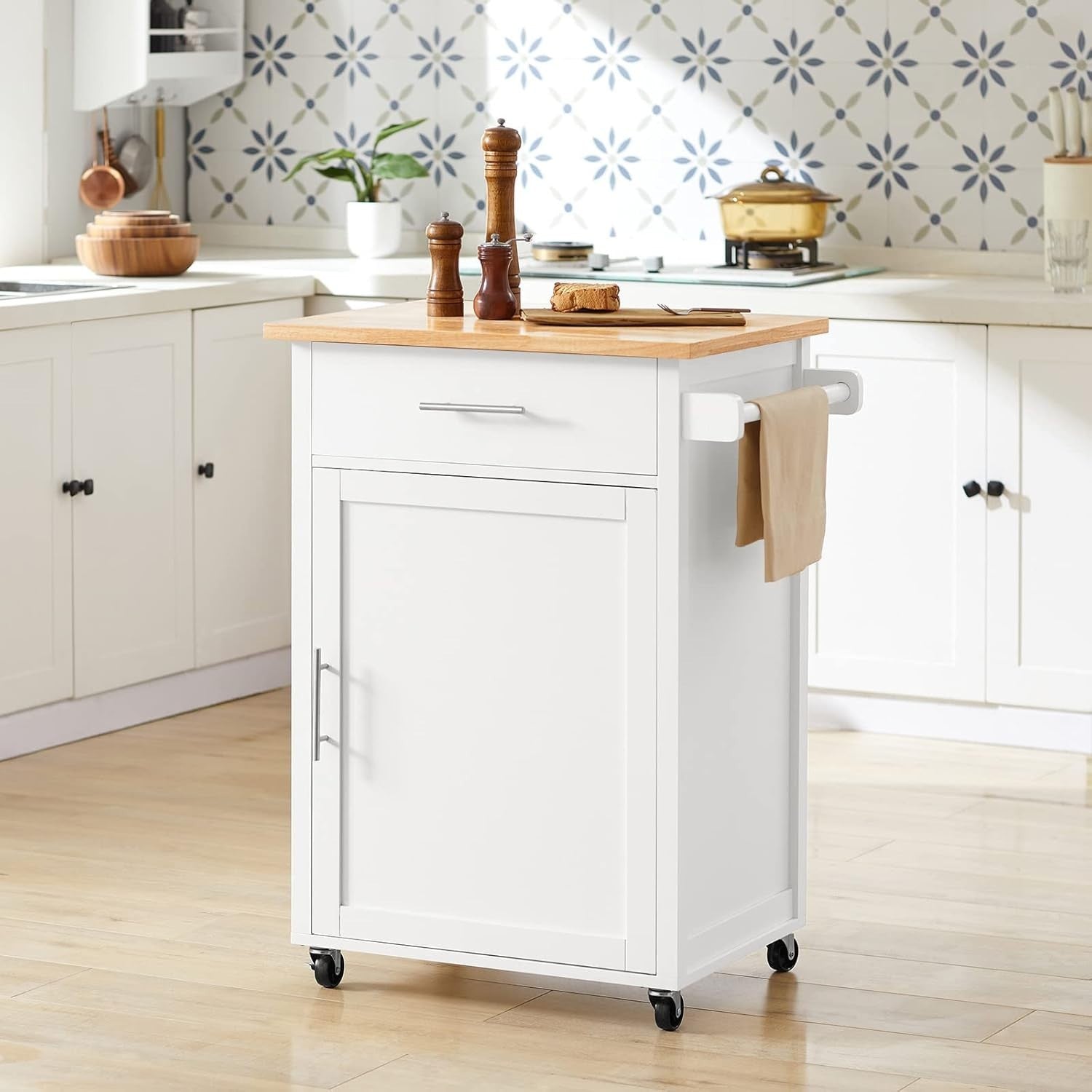 Mobile Kitchen Island Cart with Drawer, Adjustable Shelf & Towel Rack, 68x46x90