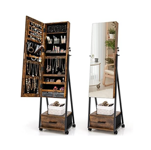 Floor Standing Jewelry Armoire Mirror Lockable Storage Drawer Wheels