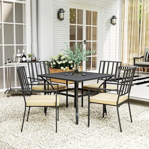 5 Piece Garden Dining Set Patio Table 4 Stackable Chairs Cushions Black