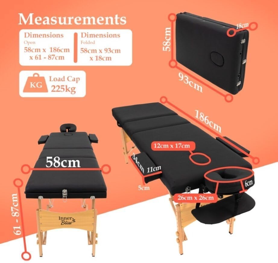 Portable Massage Table 3-Section Folding Therapy Bed Backrest Face Cradle Black