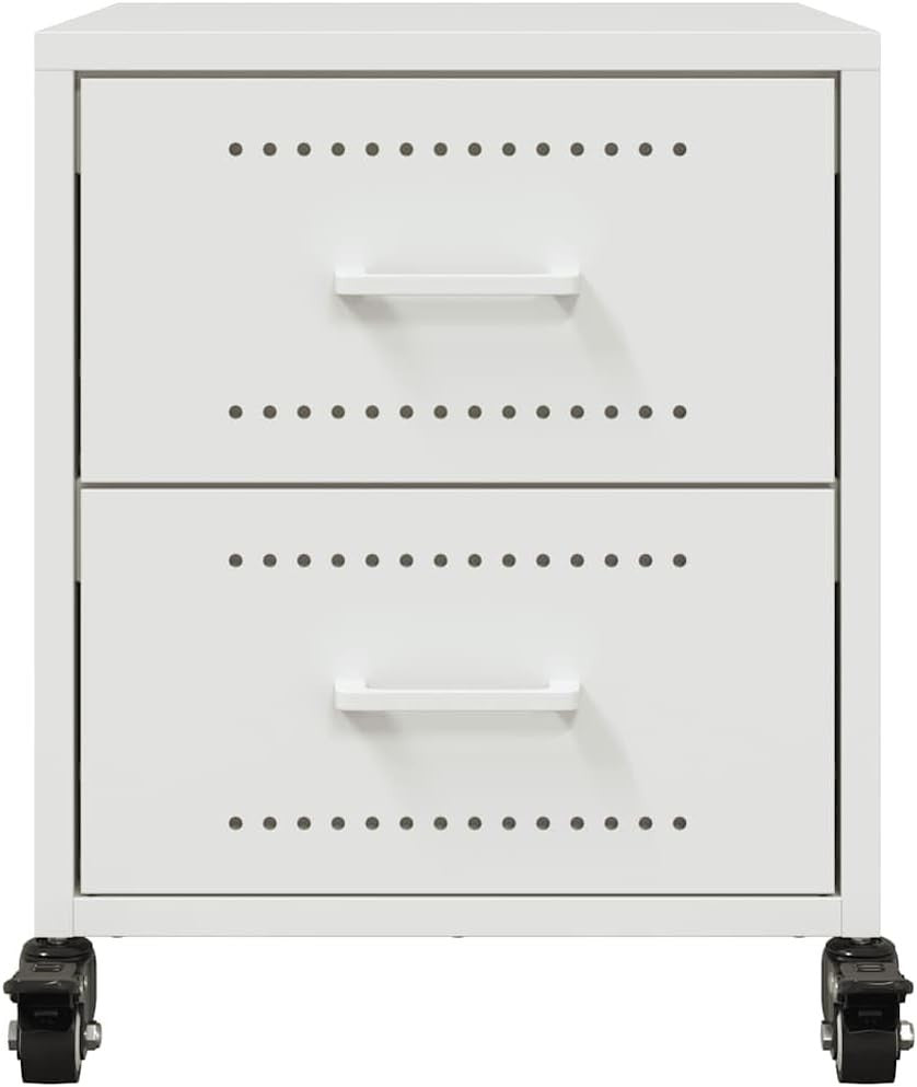 Set of 2 White Metal Bedside Tables with Wheels | Modern Rolling Nightstands