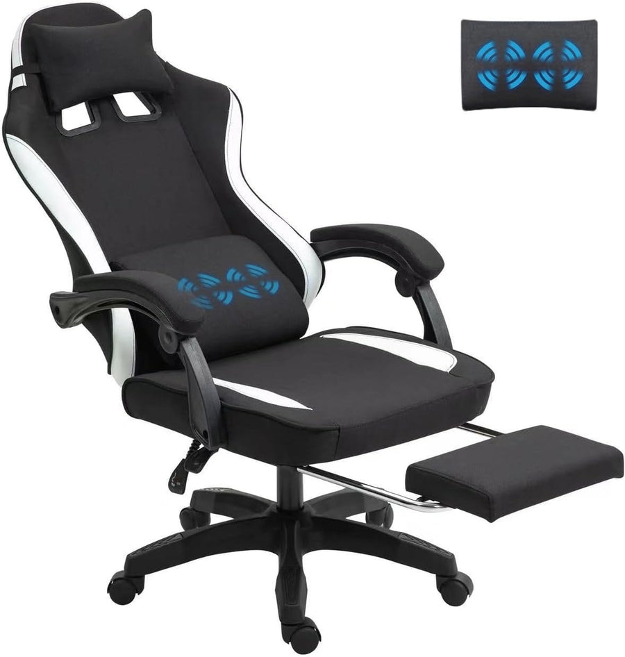 Fabric Massage Gaming Chair with Footrest & Adjustable Lumbar Support