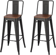 Set of 2 Industrial Vintage Bar Stools with Backrest & Footrest – Black
