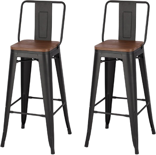 Set of 2 Industrial Vintage Bar Stools with Backrest & Footrest – Black