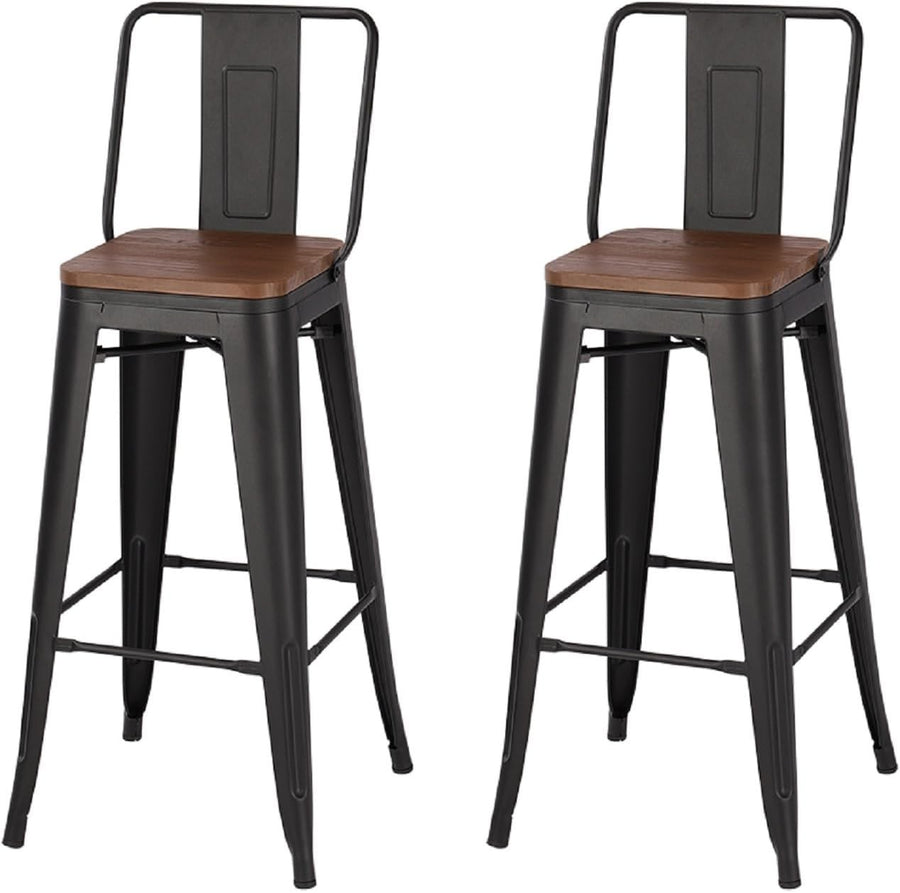 Set of 2 Industrial Vintage Bar Stools with Backrest & Footrest – Black