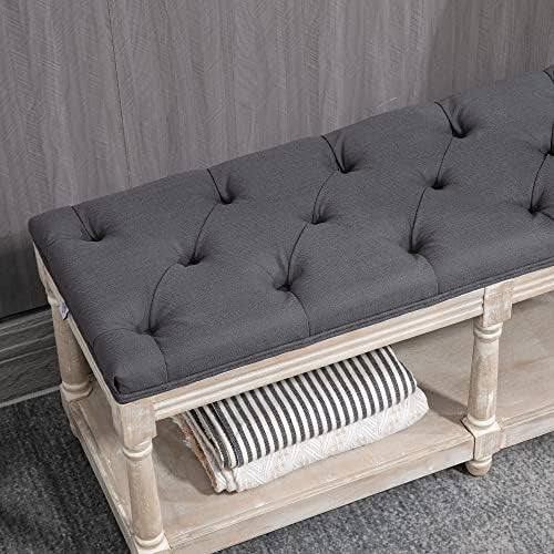 Grey Upholstered Bed End Bench with Shelf, Tufted Seat Storage Ottoman