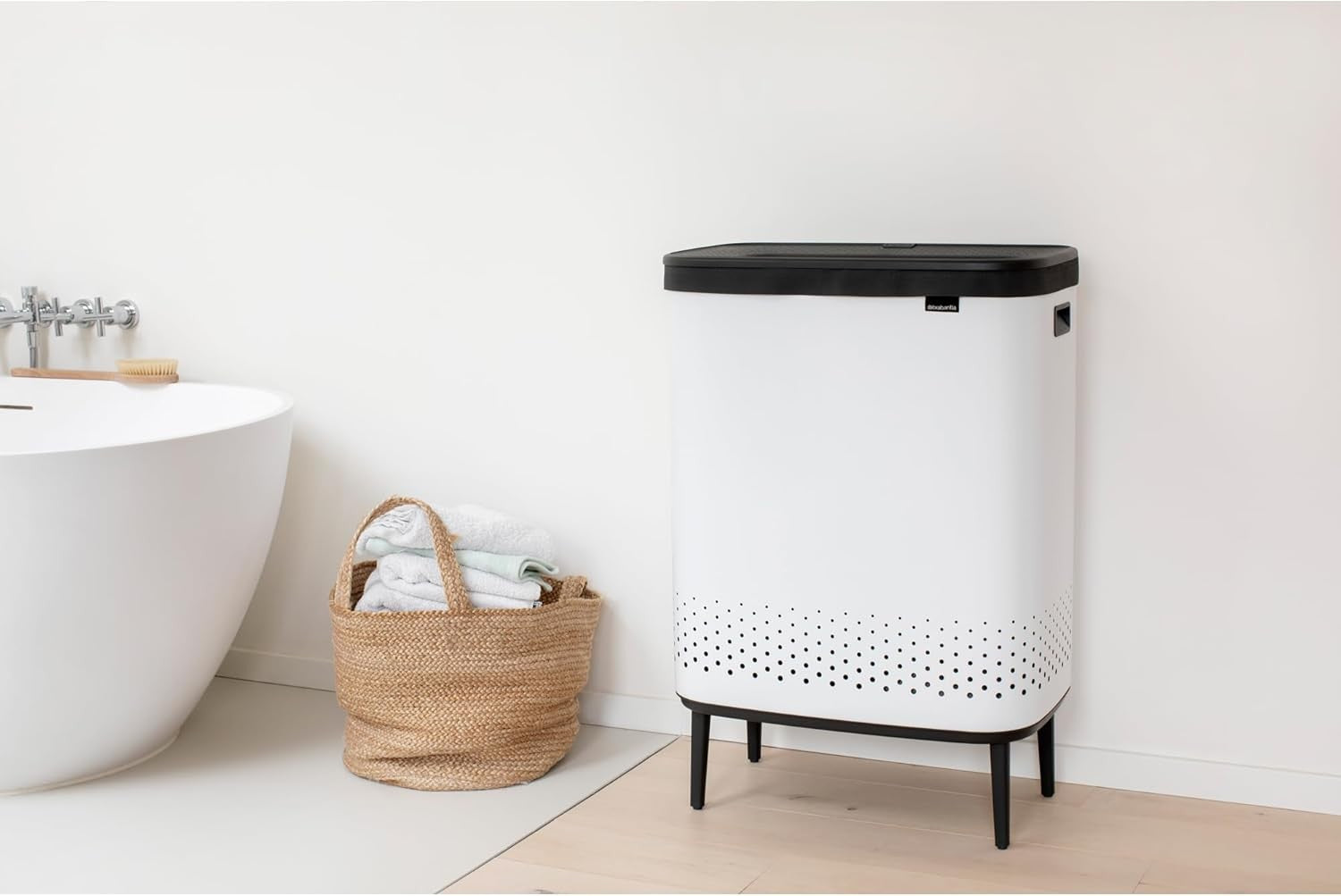 Modern 2×45L Laundry Bin with Lid, Quick-Drop Opening & Removable Bags White