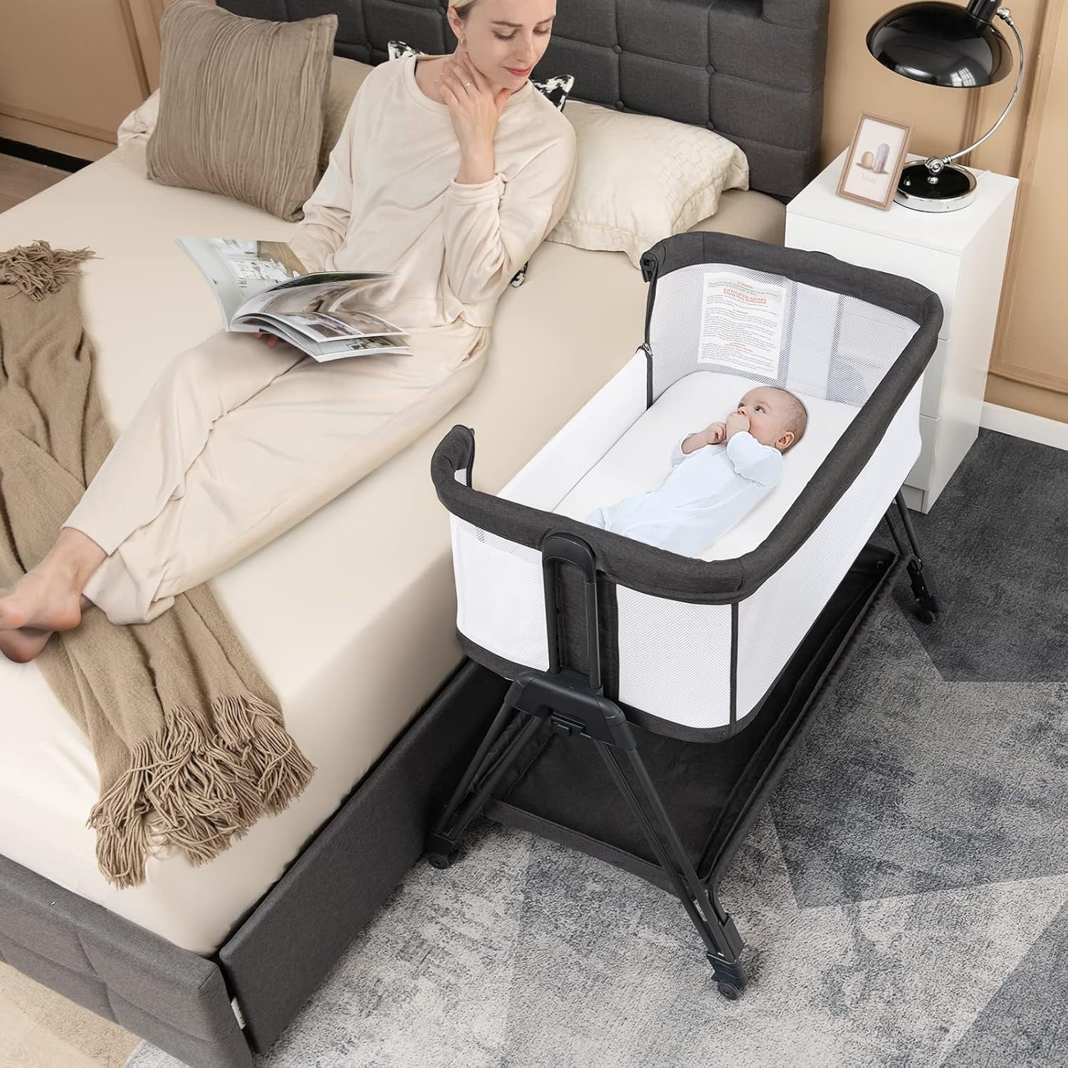 Baby Bedside Crib Adjustable Bassinet with Mattress Newborn Sleeper Black