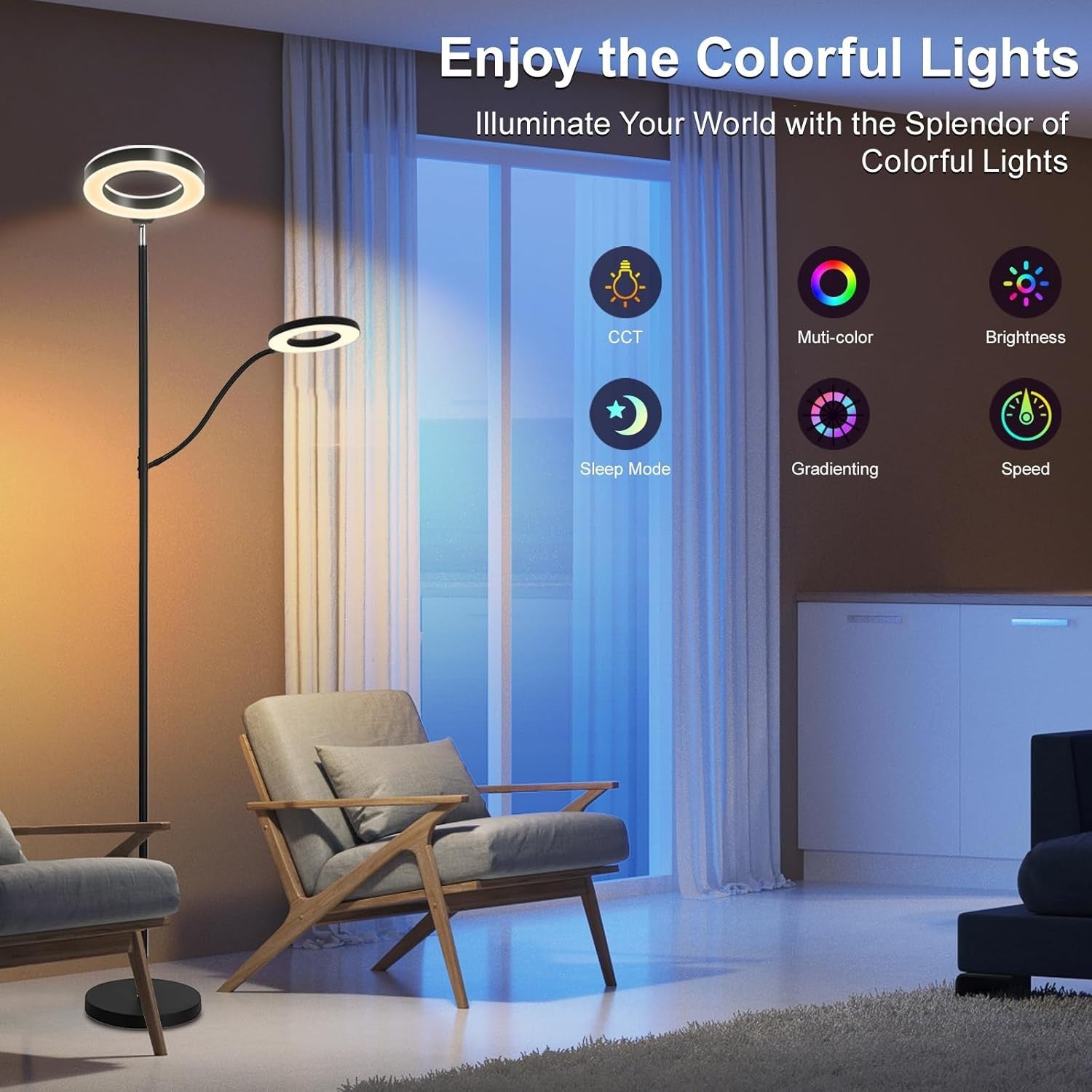 RGB LED Floor Lamp 36W 3600LM Dimmable Torchier with Reading Light