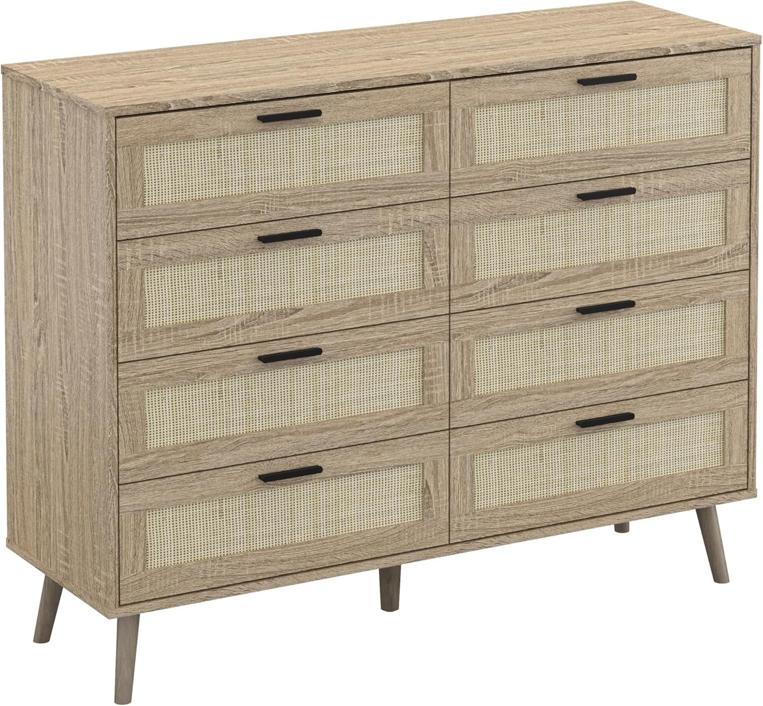 Oak Rattan Chest of Drawers 8 Drawer Storage Cabinet Wood Bedroom