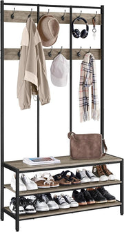 Grey Metal Hall Tree with 24 Hooks & Shoe Bench Industrial Coat Rack Stand