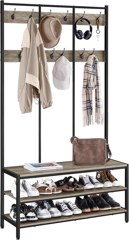 Grey Metal Hall Tree with 24 Hooks & Shoe Bench Industrial Coat Rack Stand